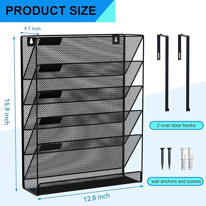 6-Tier Hanging File Organizer Office Cubicle Accessories for Work Organizer Wall Mount File Holder for Mails Folders Papers Magazine Organization, Black