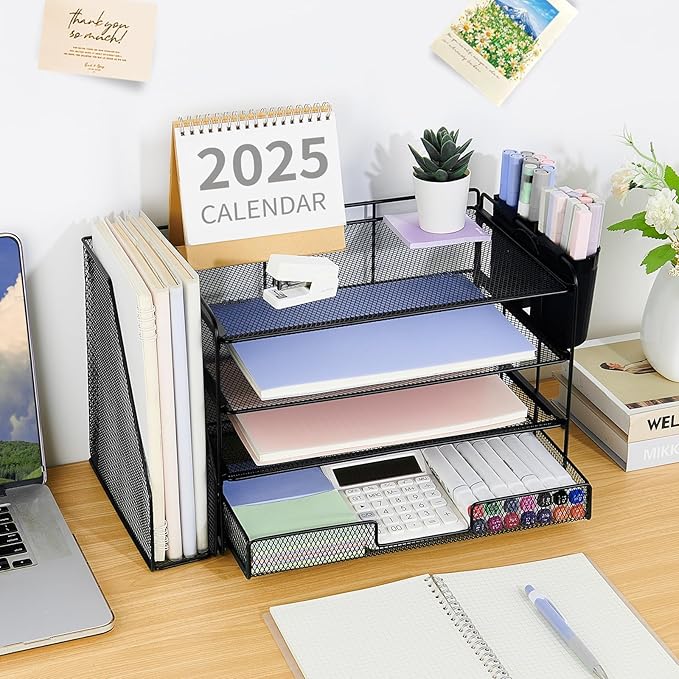 OPNICE Desk Organizer, 4-Tier Desktop File Organizer with Drawer and 2 Pen Holders, Office Desk Accessories, File Sorters, Workspace Organizers for Office Supplies(Black-2pack)