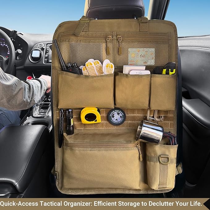 Tactical Car Seat Organizer with Multiple Pockets, MOLLE Panel System & Mesh Compartments, Durable Nylon Universal Vehicle Seat Back Storage with Cup Holder, Water-Resistant (Mud)
