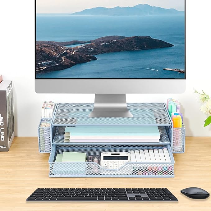 AUPSEN Computer Monitor Stands Riserï¼?-Tier Desk Organizers and Accessories, Office Desk Accessories Organizer with Drawers and 2 Pen Holder for Office Supplies (Blue)