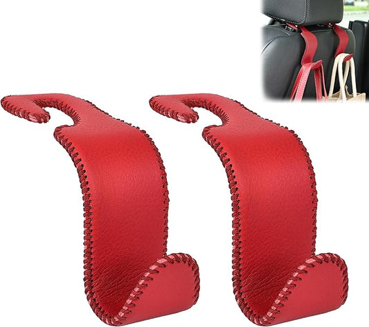 Amooca Car Seat Headrest Hook Universal Vehicle Storage Hanger Leather with Metal Car Seat Back Organizer for Handbag Purse Coat Wine 2 Pack
