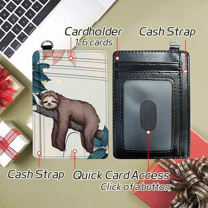 Small Travel Wallets, Sloth Slim Minimalist Front Pocket Wallet with Wristlet, RFID Blocking PU Leather Credit Card Holder with ID Window Change Purse for Men Women