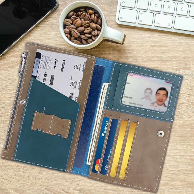 Slim Passport Holder for Man & Women, Compact Leather Passport Wallet with Card Holders SIM Slots and Zippered Pocket, for Secure Traveling and Documentation Organizer (Dark Blue)