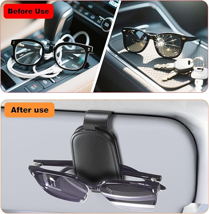 Coolpow 【2-Pack】 Magnetic Sunglasses Holder for Car Visor [Non Slip] Magnetic Glasses Car Holder, car Eyeglass Holder Leather Eyeglasses Clip Compatible with All Glasses