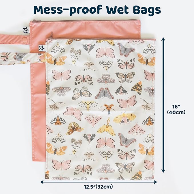 Tiny Twinkle Mess Proof Wet Bags | 2-Pack Reusable Waterproof Wet Bags for Swimsuits | Baby Clothes | Travel & Diaper Bag (Flutter)