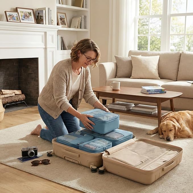 4 Piece Compression Packing Cubes for 3–7 Day Travel, Lightweight Travel Organizers with Breathable Mesh, Double-Zipper Packing Cubes for Carry-On & Suitcases (Gray Blue)