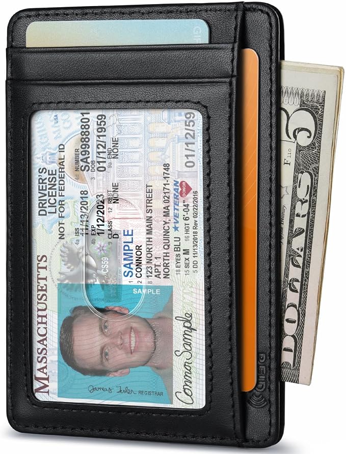 Buffway Slim Wallet for Men Women Minimalist Small Leather Front Pocket Wallets with RFID Blocking and Gifts Box - Bassa Black