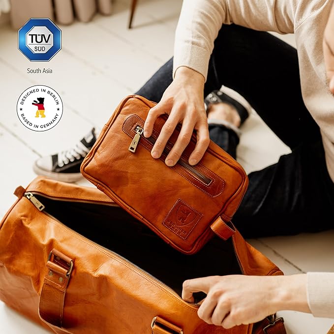 BERLINER BAGS Vintage Genuine Leather Toiletry Bag Paul, Two Zippered Compartments, Large Capacity Cosmetics Bag for Men and Women for Travel - Brown (2 Compartments)