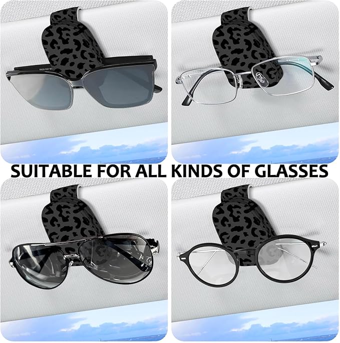 2 Pack Sunglass Holder for Car Visor, Universal Magnetic Car Sunglass Holder for Different Size Eyeglasses, Car Visor Accessories (Leopard-Black)