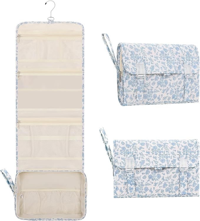 Relavel Travel Toiletry Bag with Hanging Hook, Floral Hanging Toiletries Bag for Women, Large Capacity Makeup Cosmetic Storage Organizer for Full Sized Container, Accessories - Blue Flower