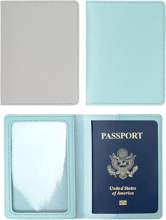 2 Pack Passport covers and Vaccine Card Holder PU Leather Passport Wallet Vaccine Case Protector Slot Travel Passport Wallets for Women & Men (Grey & Light Blue)