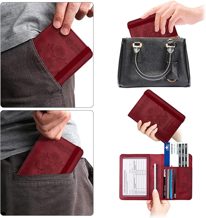WALNEW Passport Holder Wallet, RFID Blocking Passport Cover Case PU leather Card Holder with Pen and Clear Card Slot for Women Men, Red