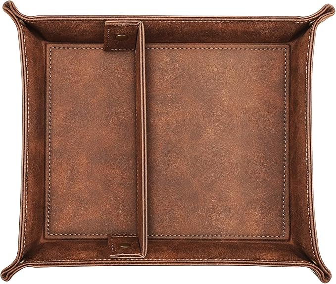 SITHON Valet Tray Desktop Storage Organizer, Removable 2 Compartments Catchall Tray Bedside Vanity Nightstand Caddy Holder Desk Storage Plate, Valentine's Day Gift, Brown
