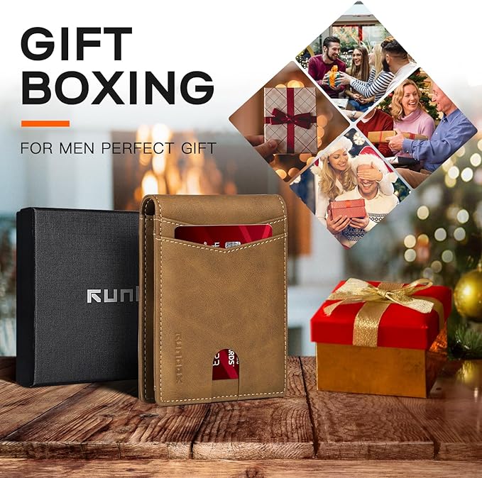 RUNBOX Wallet for Men Slim Leather Bifold RFID Blocking Minimalist Front Pocket Design with Gift Box