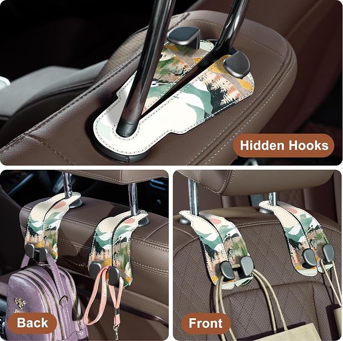 CoBak Purse Hook for Car - Universal Premium Stitched Leather and Aluminum-Magnesium Alloy Double Car Seat Back Storage Hook for Purses, Handbags, Bags (2 Pack),Mountain Calm