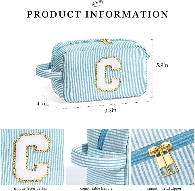 YOOLIFE Initial Makeup Bag for Women - Monogram Cute Makeup Bag Cosmetic Case Toiletry Pouch for Women Her Best Friend Sister Teacher, Personalized Birthday Gifts for Women, Light Blue H