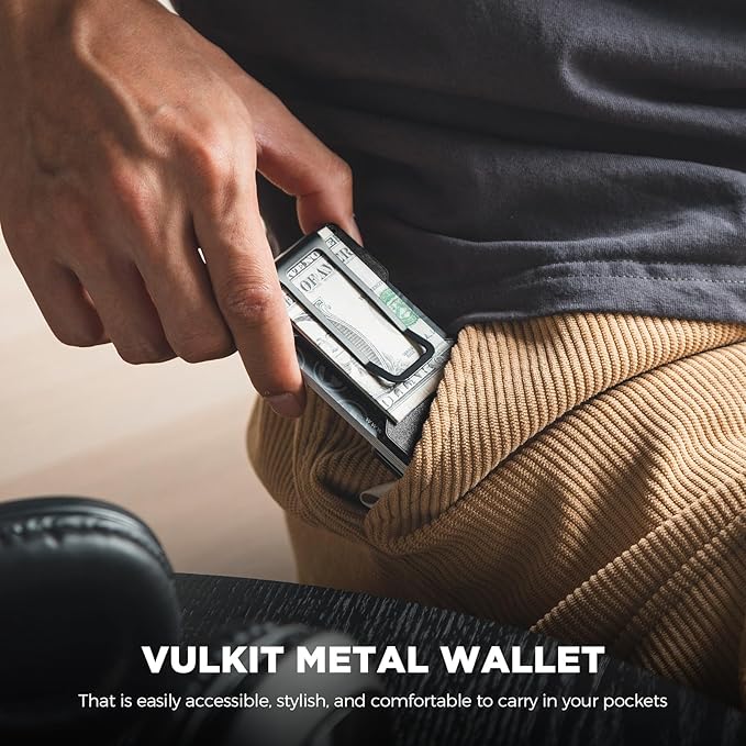VULKIT Men's Metal Wallet with Money Clip Slim Credit Card Holder, Minimalist Business Card Case Front Pocket Wallet for Men(Retro Black)