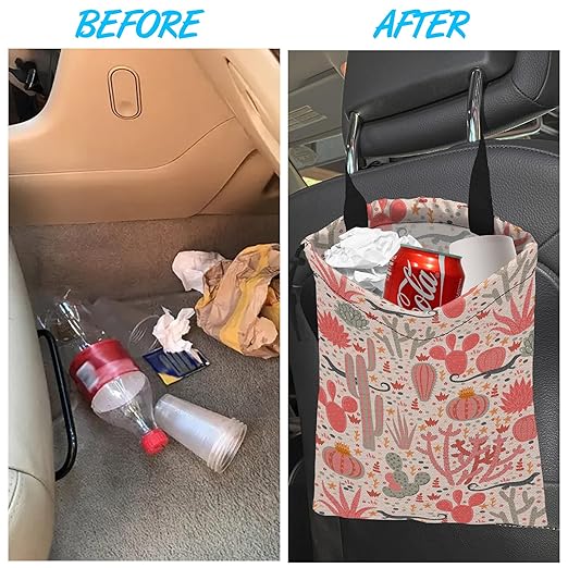 Car Trash Bag Hanging Cacti and Lizards Car Trash Can Waterproof Garbage Bag Hanging for Car Back Seat with Adjustable Straps and Drawstring for Car Accessories Vehicle Travelling