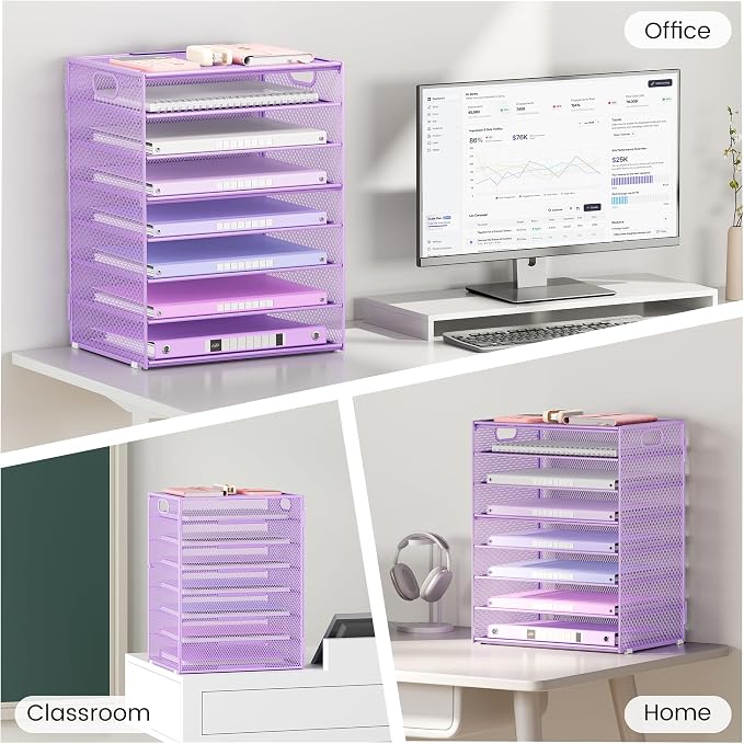 Lavatino 2 Pack 8-Tier Office Desk File Organizer, Letter Tray Paper Organizer with Handle, Including 5 Adjustable Slide Trays for Organizing Desk Workspace Accessories and Supplies (Purple Mesh)