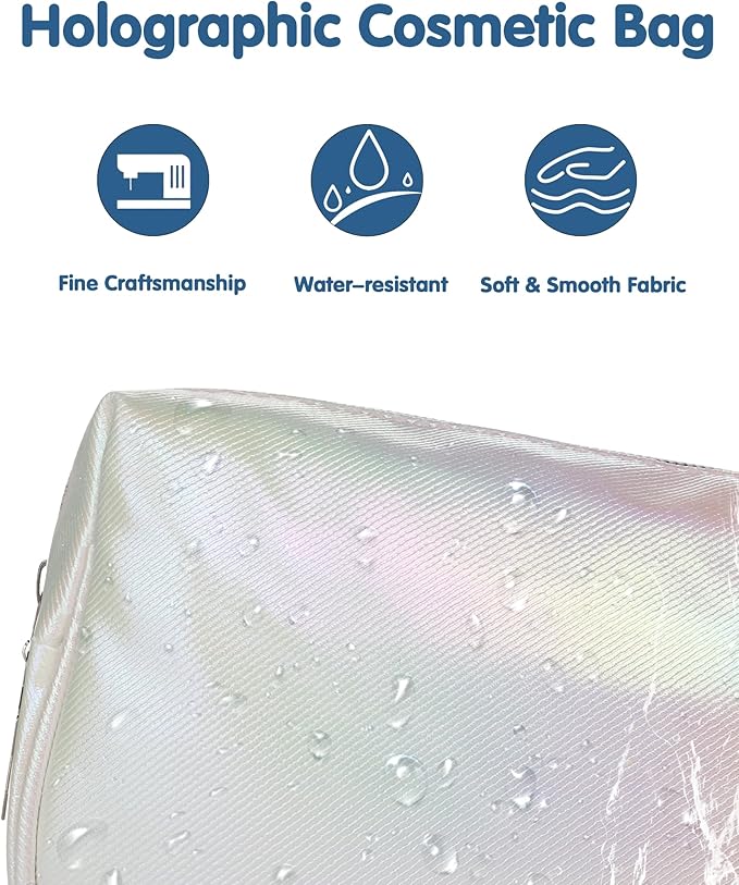 Small Makeup Bag，Travel Cosmetic Bag Organizer，Toiletry Bag with Zipper，Accessories Storage Bag for Women-Holographic white