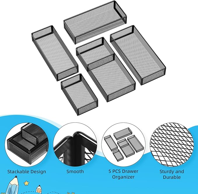 Marbrasse 5 Pack Desk Drawer Organizer Set, Mesh Drawer Storage Trays with 1 Adjustable Divider, Desk Organizers and Accessories, 5 PCS Drawer for Office Supplies, Makeup & Vanity (Black)
