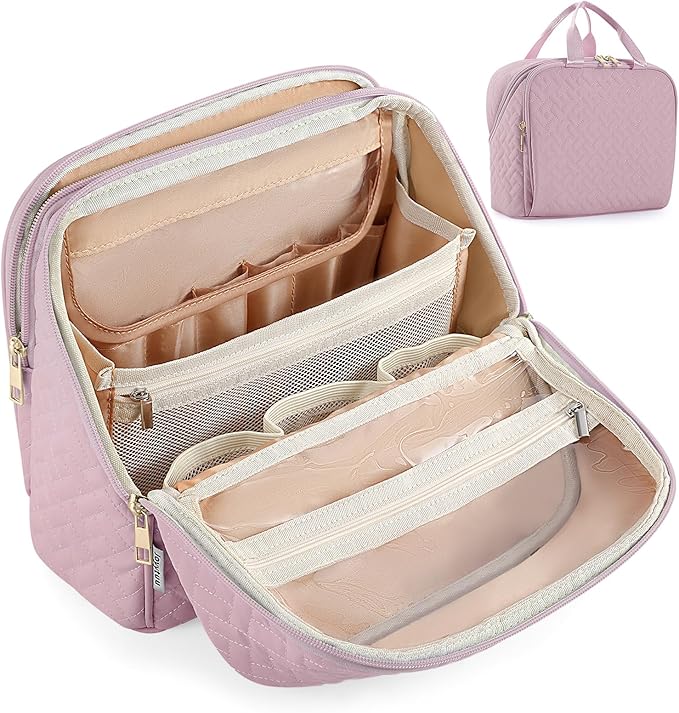 Standing Makeup Bag, Large Capacity with Room for Brushes and Mirror, Travel Makeup Organizer, Portable Stand Up Make Up Case, Waterproof Cosmetic Toiletry Bags with Handle, Color Dusty Purple