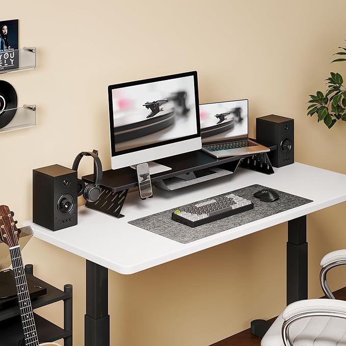 Fenge Dual Monitor Stand, 42.5 Inch Monitor Riser for Desk, Wood Desk Shelf for 2 Monitors, 2 Tier Monitor Shelf with Headphone Stand & Phone Holder