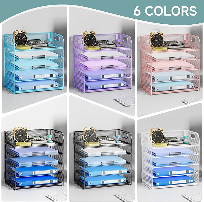 Paper Organizer Letter Tray with Handle Mesh 5-Tier Stackable Desk Organizer for Files/Paper/Office Supplies, Sturdy Carbon Steel Desk Organizer for Home Office & Classroom