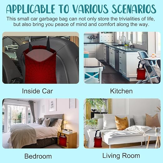 Car Garbage Bag Red Spider Web Drawstring Car Trash Bag Hanging for Back Seat with Adjustable Buckle Canvas Vehicle Trash Can Easy-to-Install