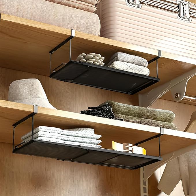 1 Pack Expandable Under Cabinet Shelf, Under Shelf Basket with 0.94 Inches Thick Clips for Kitchen Cupboard, Metal Hanging Under Desk Basket for Laundry Room, Cabinet, Shoe Rack