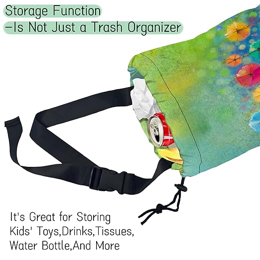 Watercolor Floral Car Trash Bag,Hanging Drawstring Car Garbage Bag, Waterproof Canvas Car Back Seat Organizer with Adjustable Buckle, for Vehicles, SUVs, Camping, Road Trips