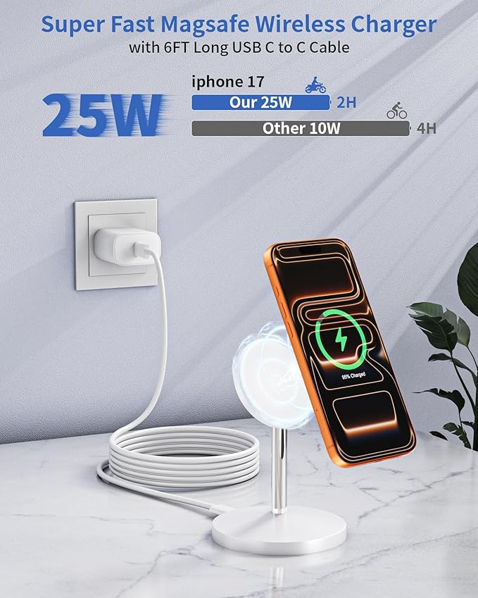 Magnetic Wireless Charger Stand, 25W Fast Mag Safe Charger iPhone Stand, 6FT Magnet Wireless Charging Station Pad with 35W Adapter for iPhone 17 Air 17 Pro 17 Pro Max 16 15 14 13 12, AirPods Pro 2/3/4