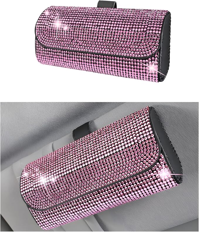 Ohleats Bling Sunglasses Holder for Sun Visor, Sparkling Glasses Sun Visor Organizer Case with Hidden Magnetic Closure, Auto Visor Crystal Eyeglasses Storage Case, Car Accessories (Bling Pink)