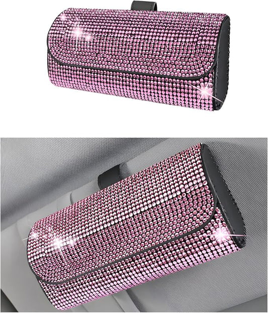 Ohleats Bling Sunglasses Holder for Sun Visor, Sparkling Glasses Sun Visor Organizer Case with Hidden Magnetic Closure, Auto Visor Crystal Eyeglasses Storage Case, Car Accessories (Bling Pink)