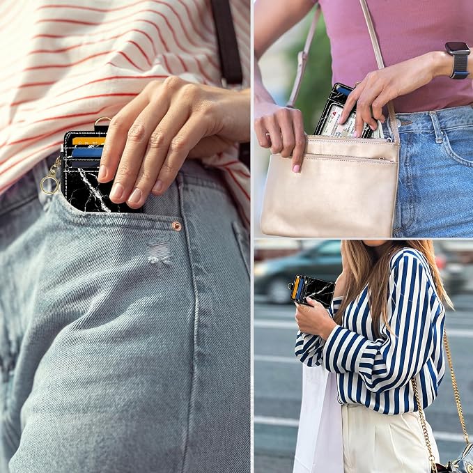 Slim Wallet Credit Card Holder, Black marble texture, RFID Wallet Women Cute Small Front Pocket Wallet With Zipper, PU Leather Thin travel RFID Blocking Card Case ID Window,Ladies Gifts