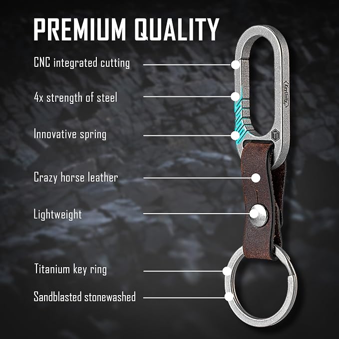 KeyUnity KM02 Titanium Belt Clip Carabiner Leather Keychain Holder with Removable Stainless Steel Key Ring