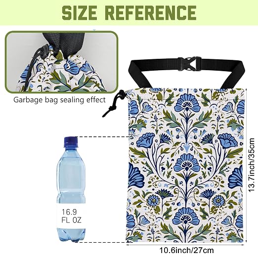 Car Garbage Bag Blue Green Floral Damask Hanging Canvas Car Trash Bag Waterproof Drawstring Car Back Seat Organizer for Car Back Front Seat Console with Adjustable Buckle