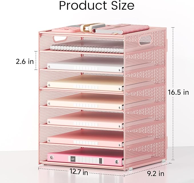 Lavatino 8-Tier Letter Tray Desk Paper Organizer, Mesh File Sorter Tray Organizer for Desk Office Supplies & Home Organization, Fits A4 Paper, Mail, Magazines and Office Accessories (Pink with Handle)
