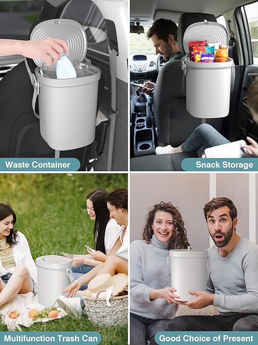 Garoopion Waterproof Car Garbage Can, 1.9 Gallon Soft Silicone Hanging Trash Can for Car with Lid, Easy to Clean Multi-Purpose Automotive Garbage Bin