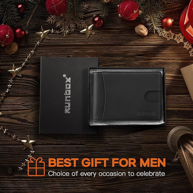 RUNBOX Slim Wallet for Men Genuine Leather RFID Blocking Bifold Minimalist Front Pocket Mens Wallet with Money Clip Thin Gift Box