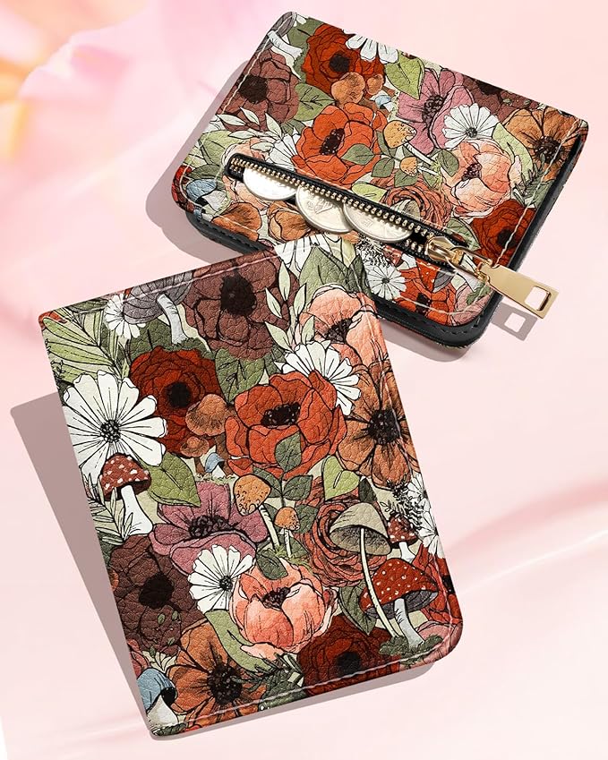 Bistup Credit Card Holder Wallet for Women Cute Leather Ladies Teen Girls Female Cardholder Wallets Accordion Purse Small Medium Aesthetic Print Mushroom Flower Unique Modern Design Rfid Zipper Around