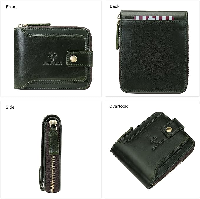 MING CLAN Leather RFID Blocking Bifold Wallet For Men With Zipper, Flap ID Window Zip Coin Pocket, Big Capacity Credit Card Holder For Travel