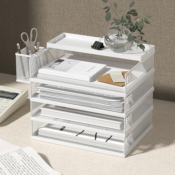 FANXIYQ Metal Stackable Letter Trays, 4-Tier Desk Organizer & Paper Trays for Office, Stackable File & Document Tray with Magnetic Labels,White
