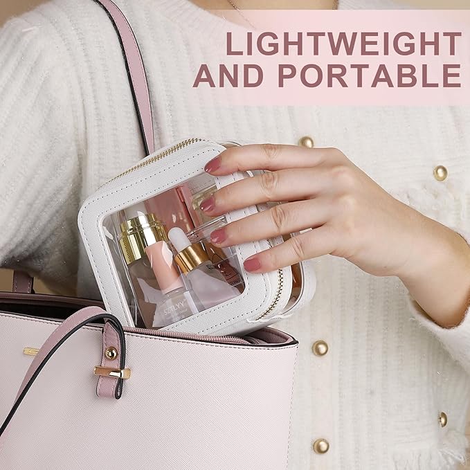 Pinkmik Clear Makeup Bag with Zipper Waterproof Travel Set for Cosmetics and Toiletries Women's Purse Organizer and Car Essentials (White, M+MINI-1)