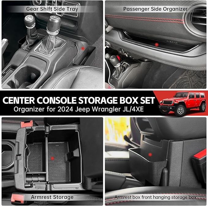 Center Console Organizer for 2024 2025 Jeep Wrangler JL JLU 4XE/Gladiator JT Gear Shift Console Side Tray GrabTray Passenger Hanging Armrest Storage Box for Wrangler&Gladiator(24+ 4-piece)