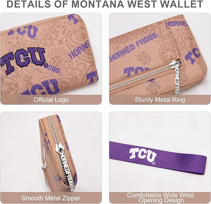 TCU Organizer Wallet with RFID Blocking Card Slot & Keychain, TCU Team Logo Wristlet Wallet, Zip Clutch Purse for Gift, Game Day, Travel | Khaki, NC-TCU011KH