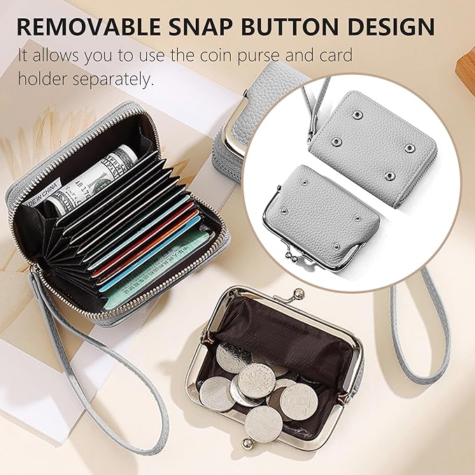 Women's Pebble Leather Wristlet Wallet, 2-in-1 Zip-Around Credit Card Holder with Kiss Lock Coin Purse, Cute Change Purse with Secure Clasp & Card Slots (Light Grey, Small)