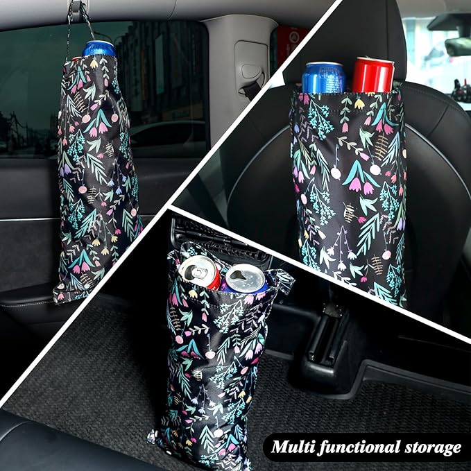 2 Pcs Hanging Car Trash Bag Collapsible Garbage Can Waterproof Small Trash Can for Woman Back Seat Car Accessories Bag Cute Polyester Bin for Boho Flower Theme Decor