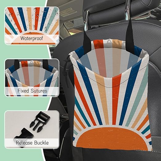 Retro Sunburst Car Garbage Bag,Colourful Sunrise Waterproof Small Car Trash Bag Hanging Back of Seat,Drawstring Hanging Car Trash Bag with Adjustable Buckle for Car Accessories