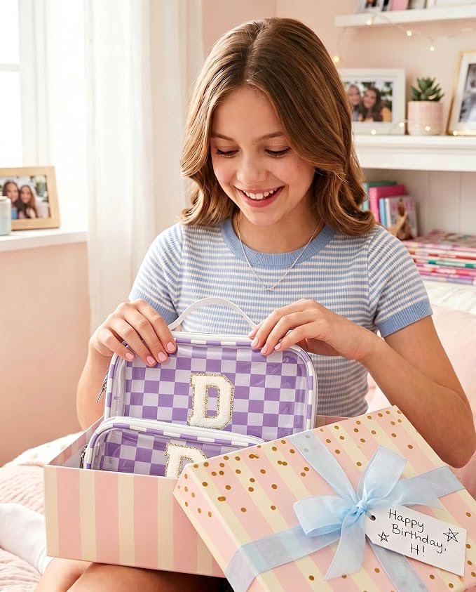 LETGO Preppy Makeup Bag for Women - Monogram Personalized Initial Makeup Bags Cosmetic Pouch Make Up Case for Women Her Best Friend Friendship Sister Teacher,Birthday Gifts for Women(D,Purple&Beige)